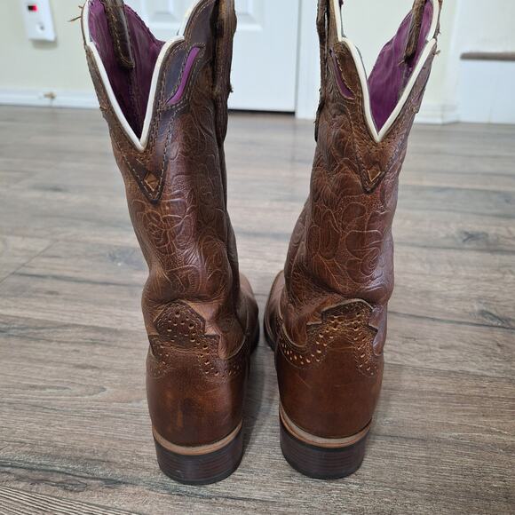 Justin square Toe Cowgirl Western Brown Leather Boot womens 6.5 - Picture 8 of 9